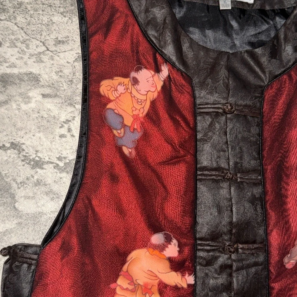 Vintage Traditional Chinese Vest‎ XL Red Black Frog Button Graphic Print